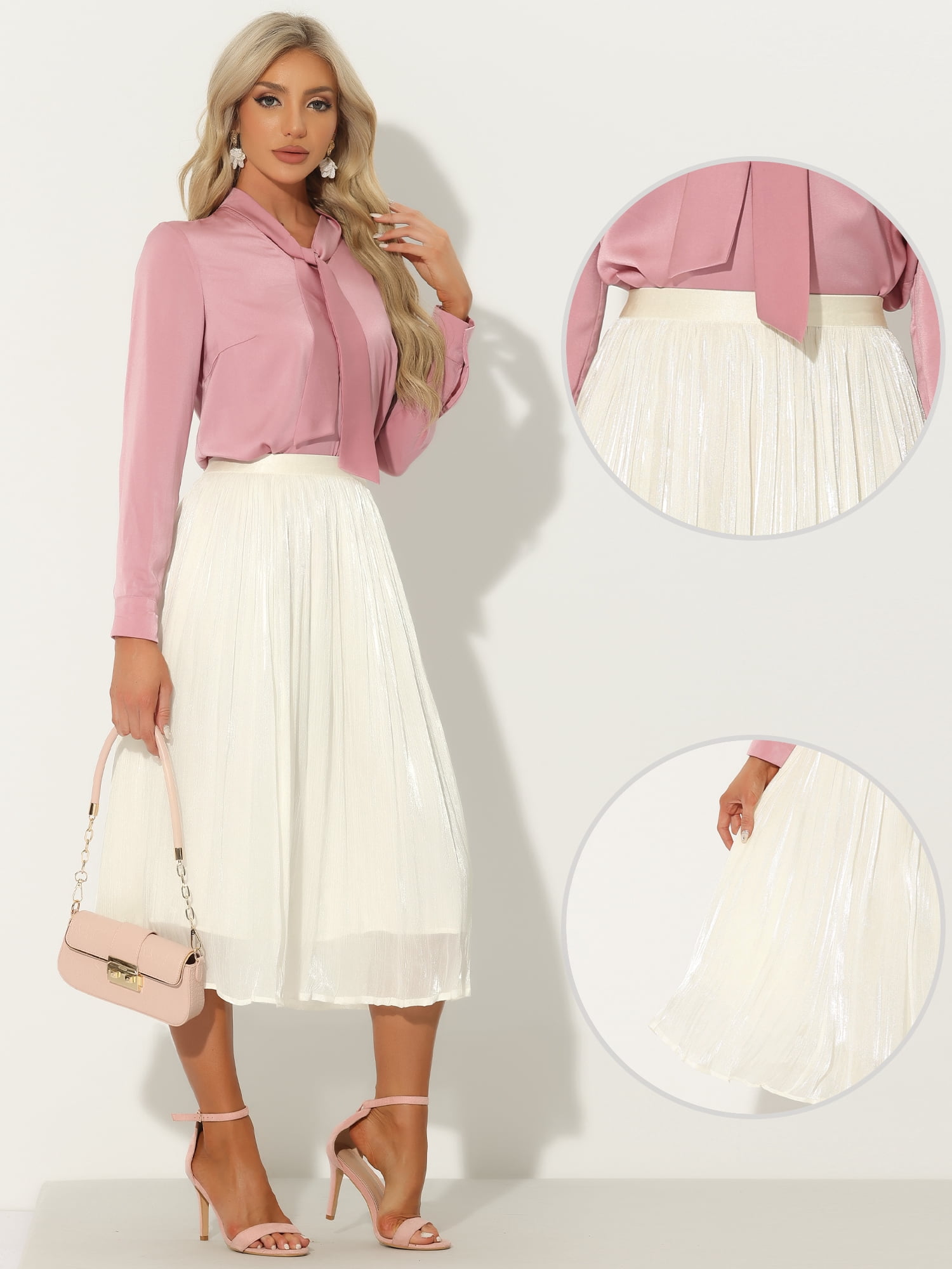DARING DIVA Women's High Elastic Waist Skirt Swing Pleated Midi Skirts S White