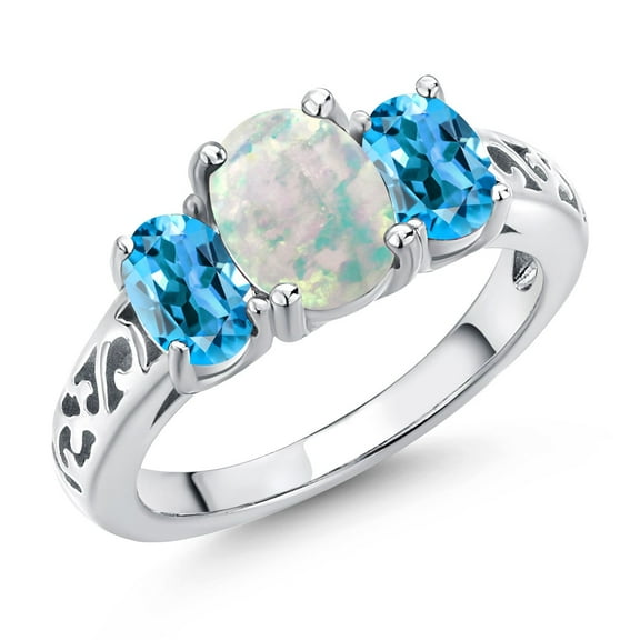 Gem Stone King 925 Sterling Silver White Opal and Swiss Blue Topaz Filigree Style 3 Stone Ring for Women (2.10 Cttw, Oval 8X6MM and 6X4MM) (Size 6)