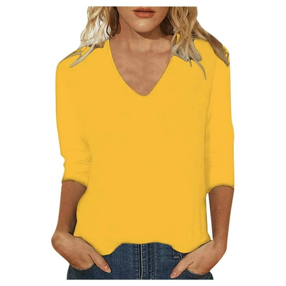 Women's Slim Fit V Neck 3/4 Sleeve Tunic T-Shirt Summer Basic Blouse Comfortable Beachwear Pullover Tops Casual Ladies Fashion