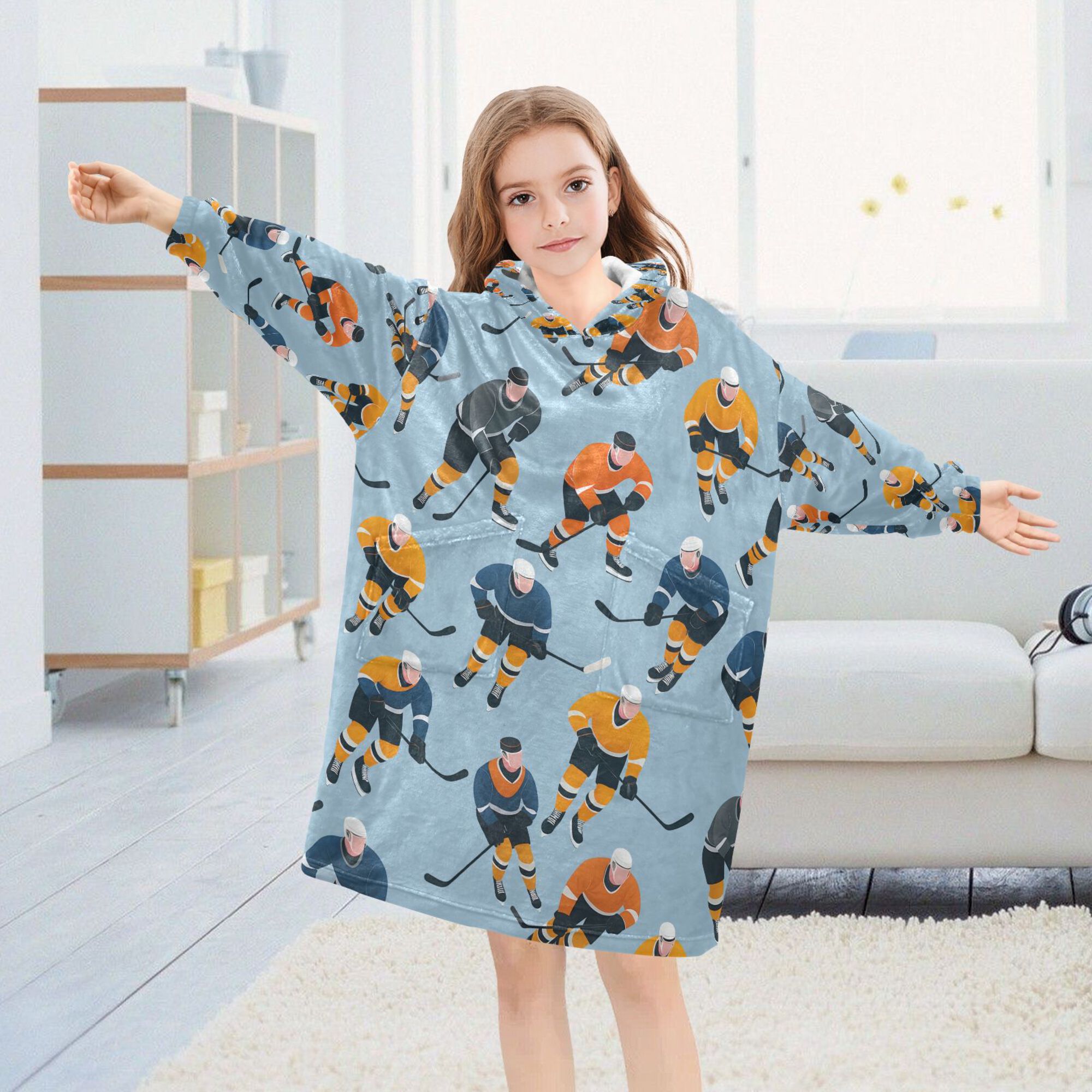 FORMRS Wearable Blanket Hoodie with Sleeves for Kids Cozy Flannel Sweatshirt, Cartoon Hockey Pattern
