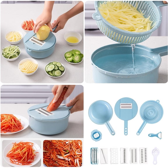 STAOEDU Vegetable Chopper, 12 in 1Multifunctional Food Chopper, Kitchen Vegetable Slicer Dicer Cutter,Veggie Chopper With 5 Blades,Carrot Chopper With Container (Blue)