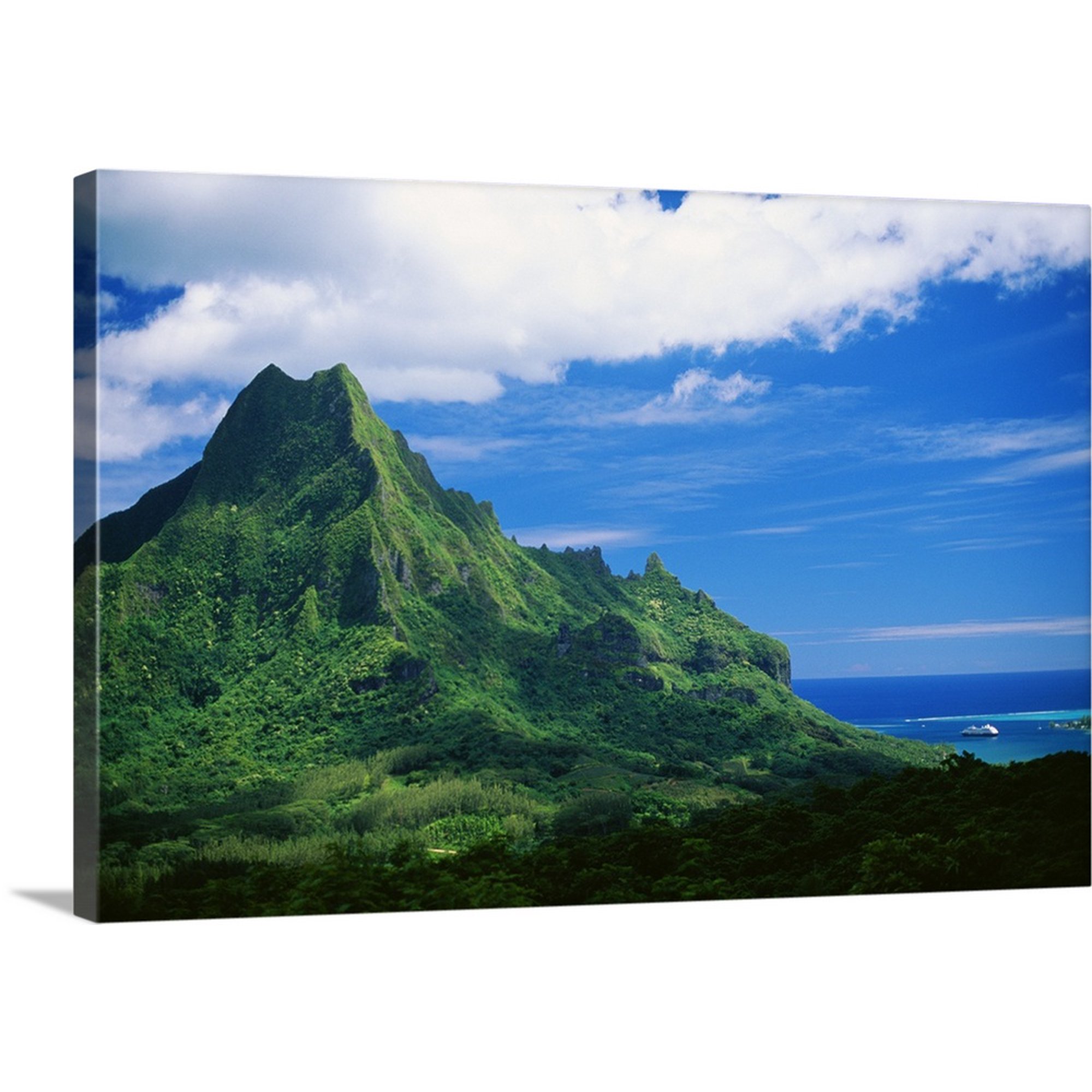 Great BIG Canvas | "French Polynesia, Tahiti, Moorea, Mount Rotui, Green Mountaintop, Ocean Below" Canvas Wall Art - 36x24
