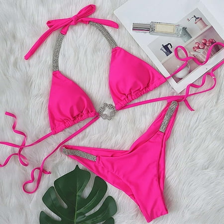 Clearance & Promo  Women s Fashion Solid Bikini Set  Two-Piece Filled Solid Swimwear  Trendy Beachwear  Comfortable Bikini Swimsuit  Ideal for Summer & Poolside Wear | Sopatenor  Hot Pink L