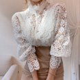 thumbnail image 2 of Women’s Lace Long Puff Sleeve Top Stand Collar Pearl Button Solid Color Blouse Shirt, 2 of 5