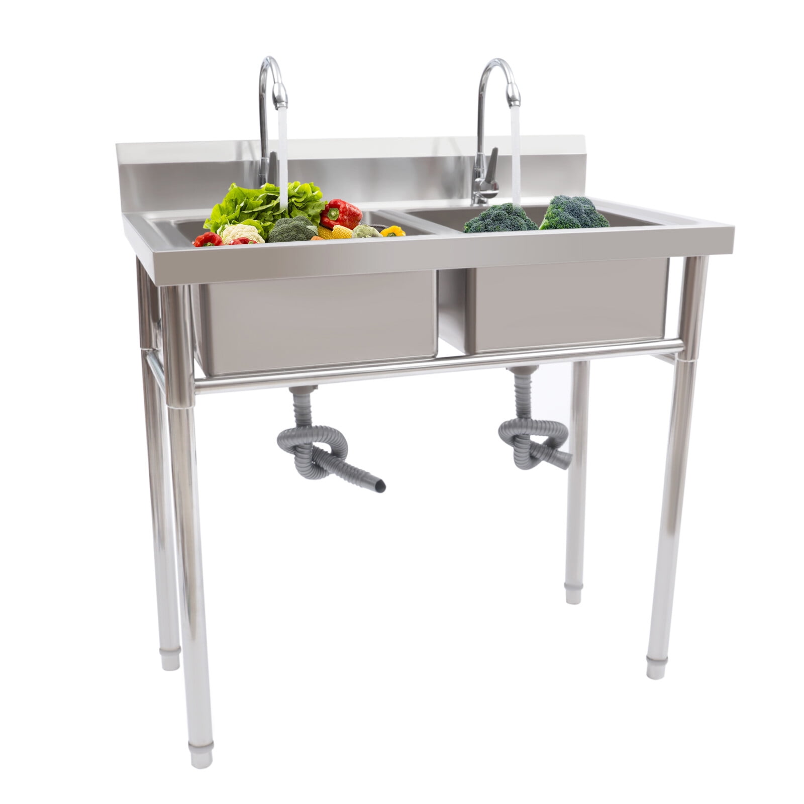 Stainless Steel Sink 2 Compartment Free Standing Utility Sink, Double Bowl Kitchen Sinks with 2 Rotary Faucets, Commercial Prep Sinks for Garage, Restaurant, 39.4" W x 23.6" D x 40" H