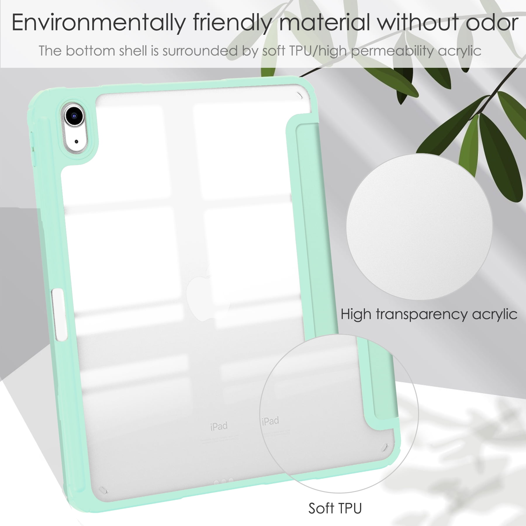 Allytech iPad 10th Generation Case with Pencil Holder, Transparent Clear Back Shell Trifold Stand Auto Sleep Wake Shockproof Drop Protective Case Cover for Apple iPad 10th Gen 2022-Mint