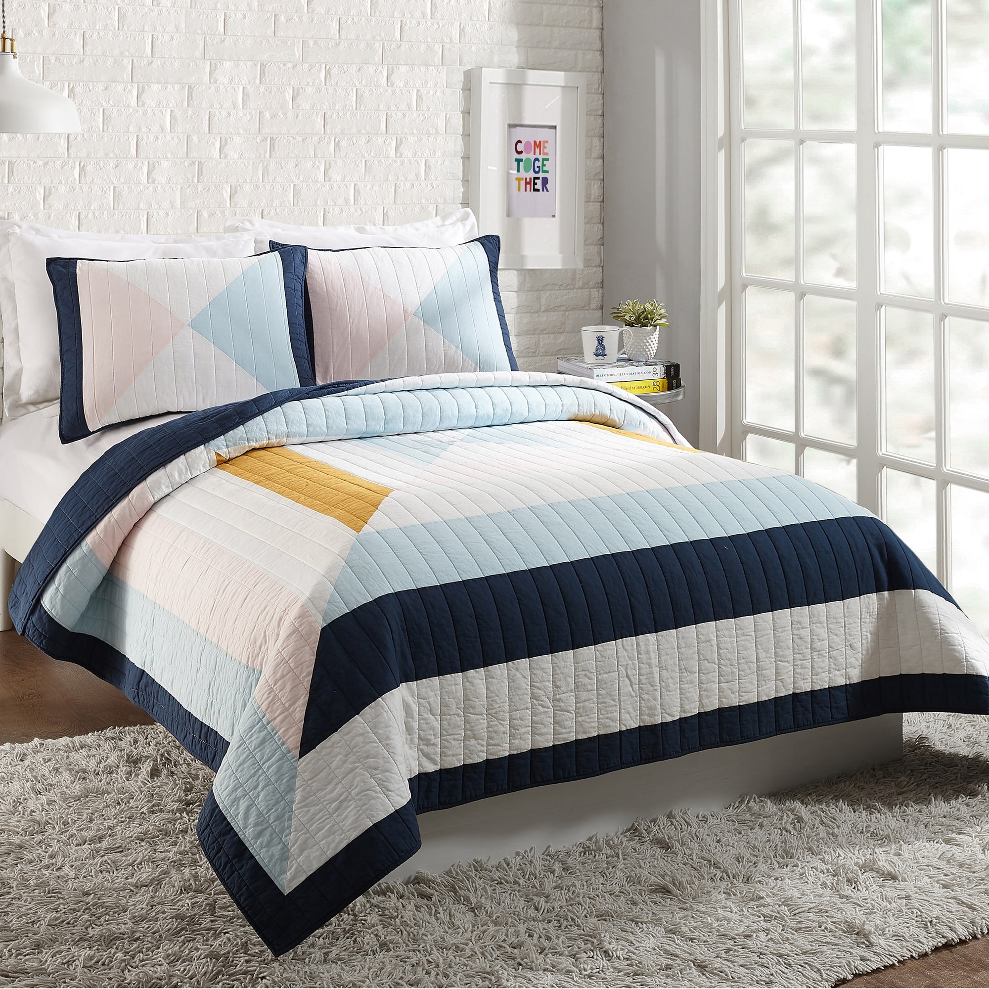Makers Collective Diamond Patchwork Blue 3-Piece Quilt Set, Full/Queen