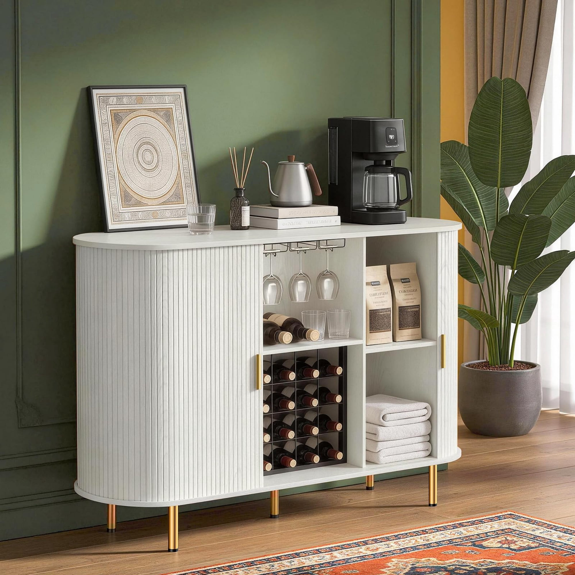 55" Wine Bar Cabinet with Storage, Fluted Coffee Bar Cabinet with Wine Rack & Glass Holder, LED Buffet Sideboard, White
