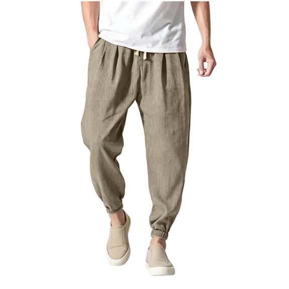 JUUYY Men's Baggy Pants Lightweight Casual Elastic Waist Drawstring Harem Pants Cotton Loose Fit Beach Yoga Jogger Pants with Pocket Khaki XXL