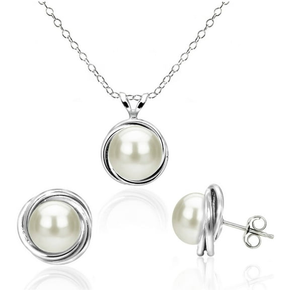 ADDURN White Freshwater Pearl Sterling Silver Love Knot Pendant and Earring Set
