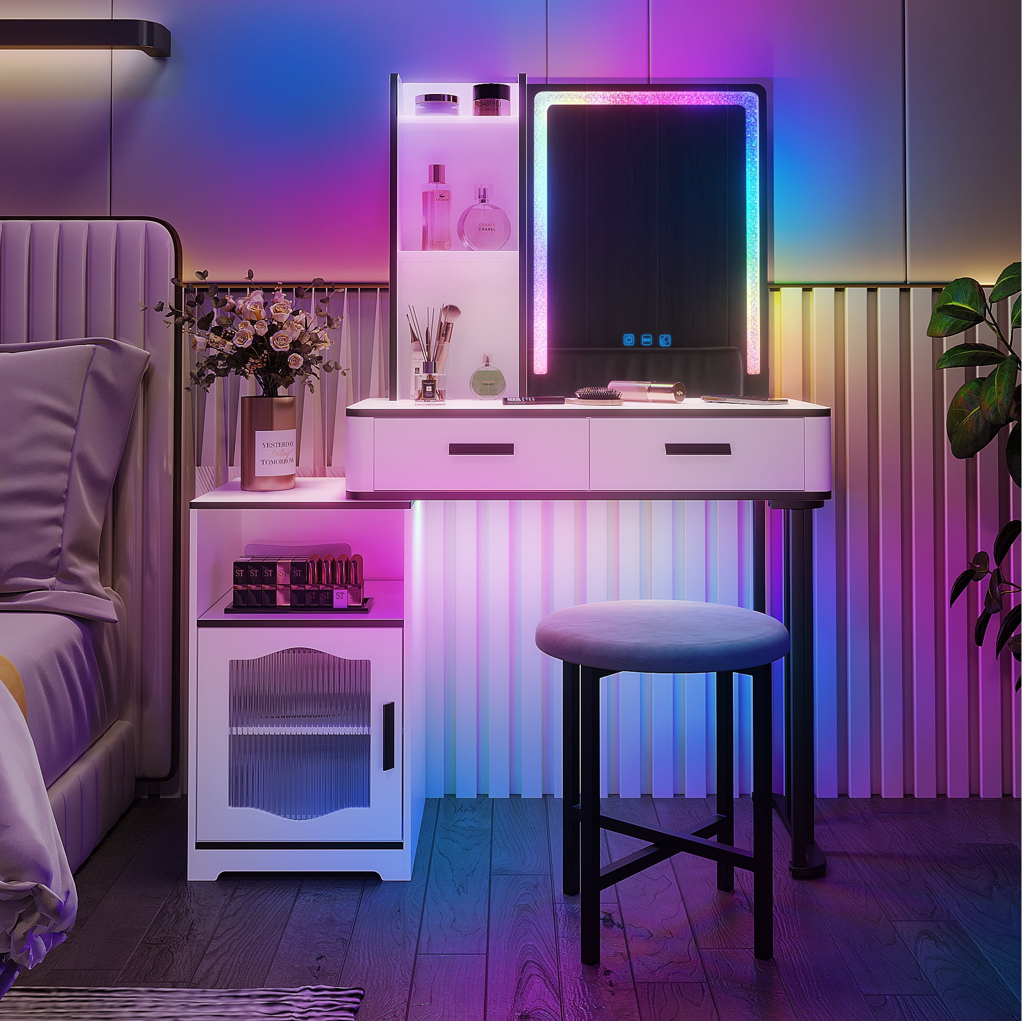 HNEBC Makeup Vanity Table with Mirror&Drawer,Vanity Desk with RGB LED