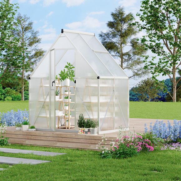 Serre à Entrée Piétonne – Polycarbonate 6 X 4 Pi – Cadre en Aluminium Renforcé Robuste – Assemblage Rapide, Évent de Toit – Résistant aux Intempéries – Cour Arrière, Patio et Jardin – Argent