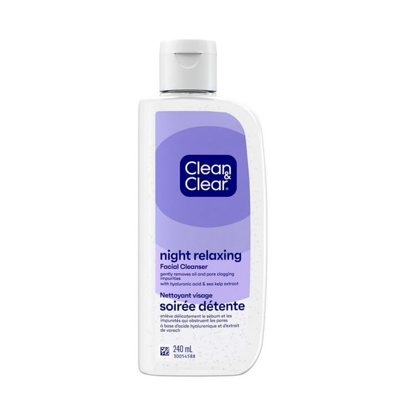 Clean & Clear Night Relaxing Nettoyant visage, nettoyant moussant de nuit sans huile pour le visage à base d’acide hyaluronique et d’extrait de varech enlève délicatement le sébum et les impuretés qui 240 ml