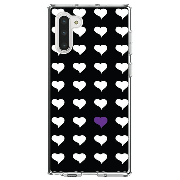 DistinctInk Clear Shockproof Hybrid Case for Samsung Galaxy Note 10 (6.3" Screen) - TPU Bumper, Acrylic Back, Tempered Glass Screen Protector - Purple White Black Repeating Hearts