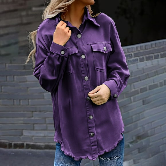 ZJXFGS Jean Jacket Women Denim Jacket for Women Oversized Denim Jacket Women Fashion Casual Women's Fall Jean Shacket Purple M