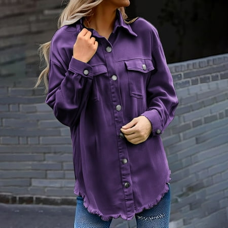 Blouses For Women Dressy Casual Washed Denim Shirt Jacket Fashion Casual Long Sleeves Chest Pockets Regular Fit Polyester Cotton 1x Purple XL Size S-2XL