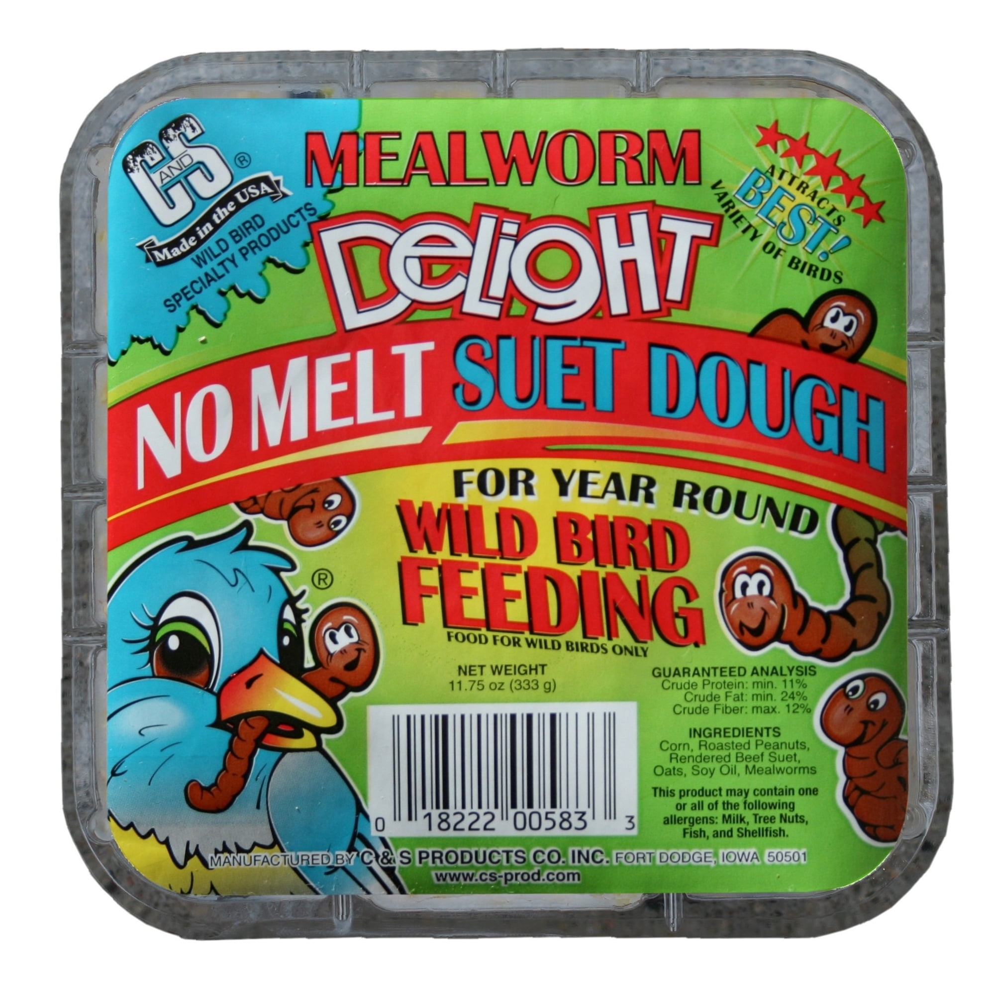 C&S Mealworm Delight No Melt Suet Dough, 11.75 oz Cake, Dry Wild Bird Suet