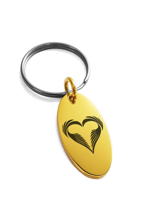 Stainless Steel Feather Heart Engraved Small Oval Charm Keychain Keyring