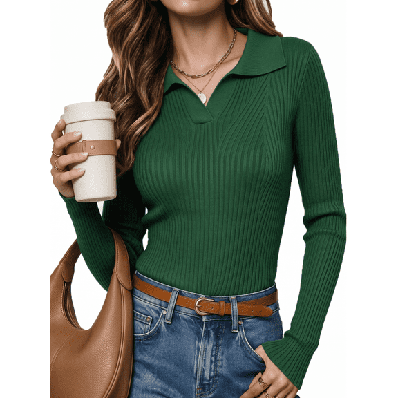 Airmenty Womens Polo Shirts Long Sleeve Collared Sweater V Neck Ribbed Knit Sweater Business Casual Pullover Sweaters Fall Outfits S-2XL