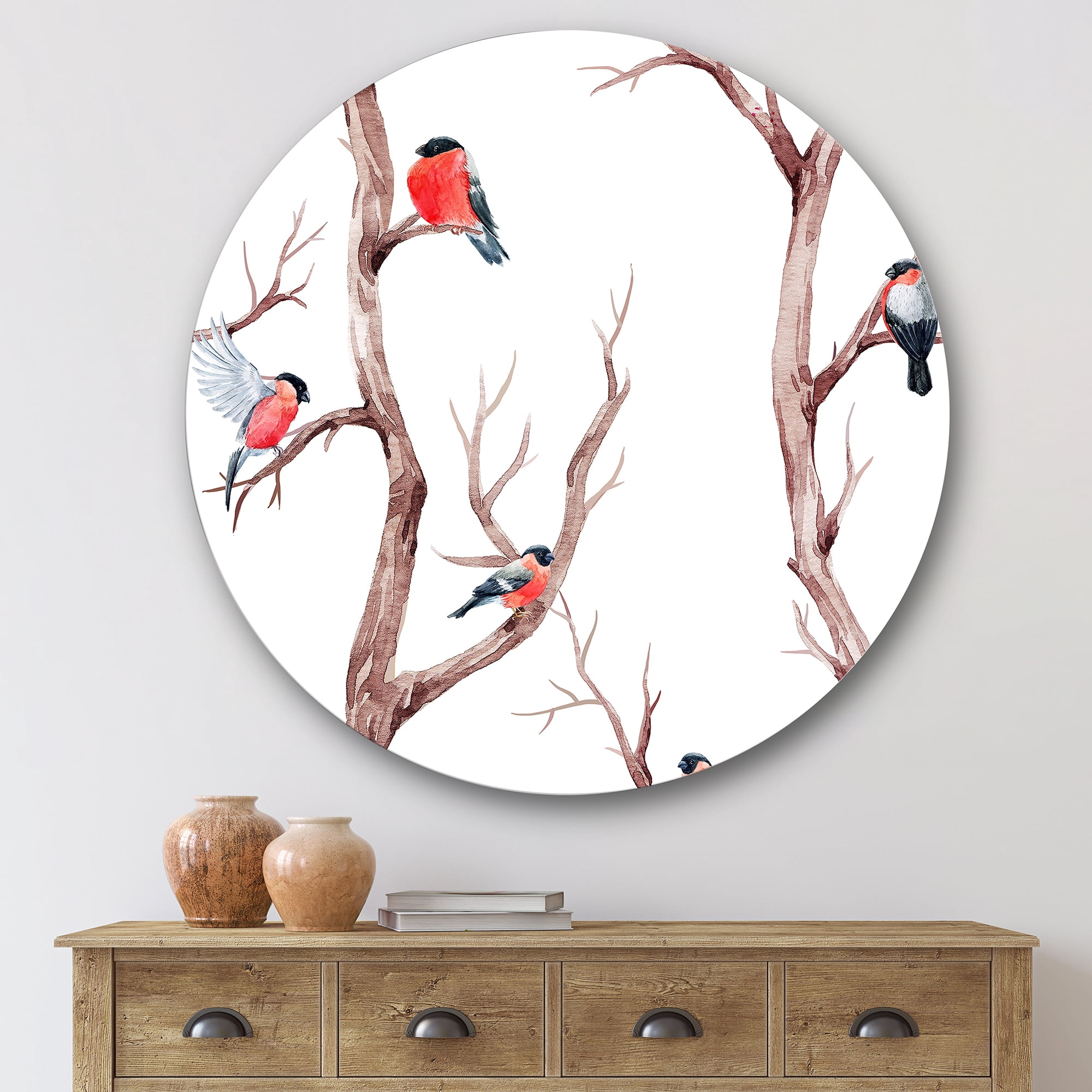 Designart 'Little Birds Sitting On The Tree Branches III' Traditional Circle Metal Wall Art 29x29 - Disc of 29