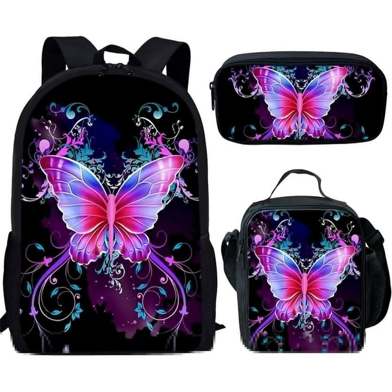 FKELYI Purple Butterfly Bookbags with Lunch Box for Girls Boys 8-12/10-12  Kids School Bag College Middle School Backpack Pencil Case Lunch Bag Bento