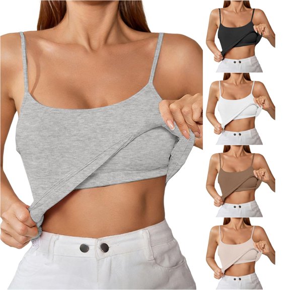 HAYIMI Women Tank Tops With Shelf Bra Adjustable Wide Strap Camisole Basic Tank Tops With Bra Integrated Spaghetti Strap With Built In Bra Shirt Round Neck Solid Color Sleeveless Cozy Vests