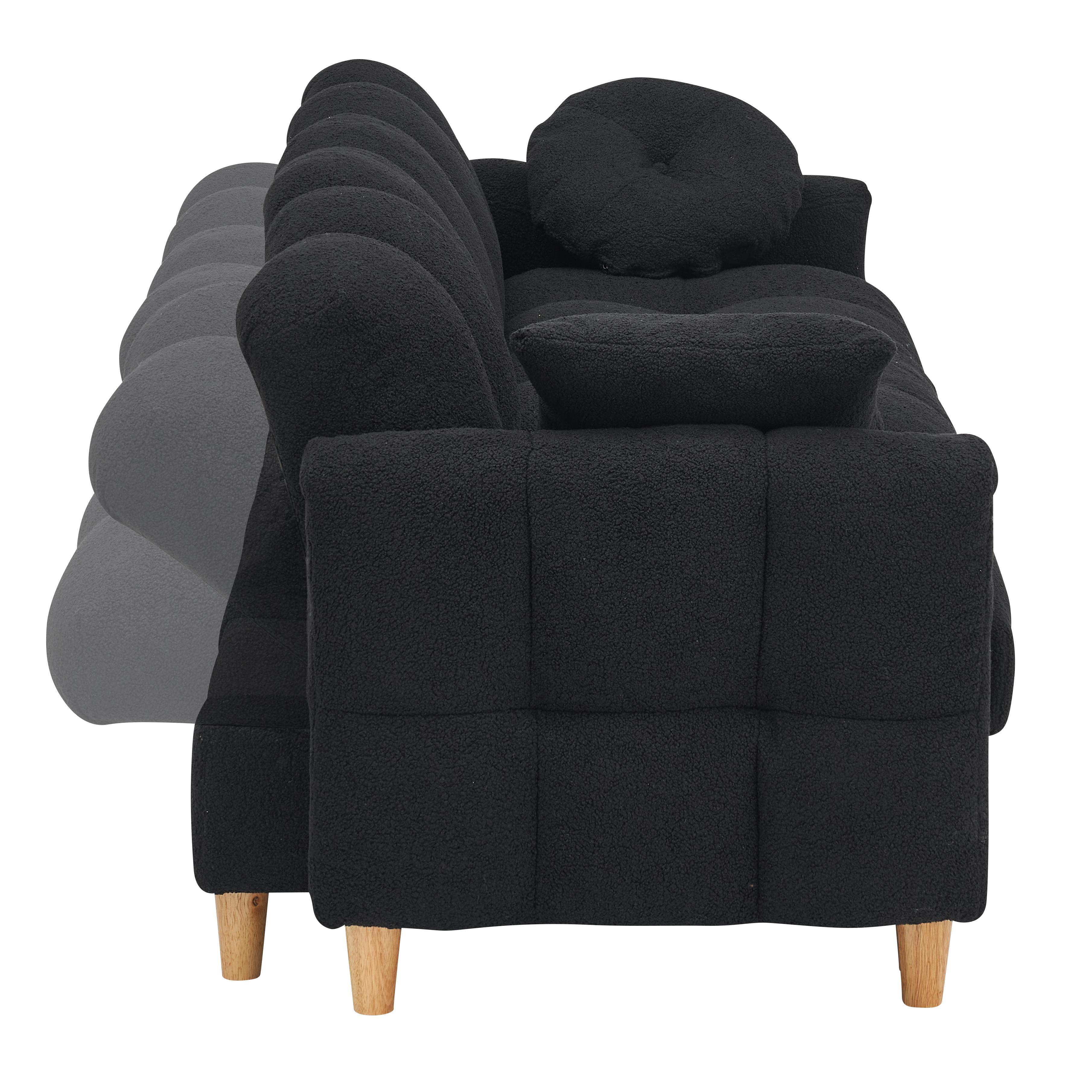 Overstuffed Sofa Couch,3 Seater Teddy Fleece Upholstered Convertible Sofa Couches with Drawer and Storage Seatbase,Adjustable Backrests and Pillows, Comfy Couch for Living Room,Black