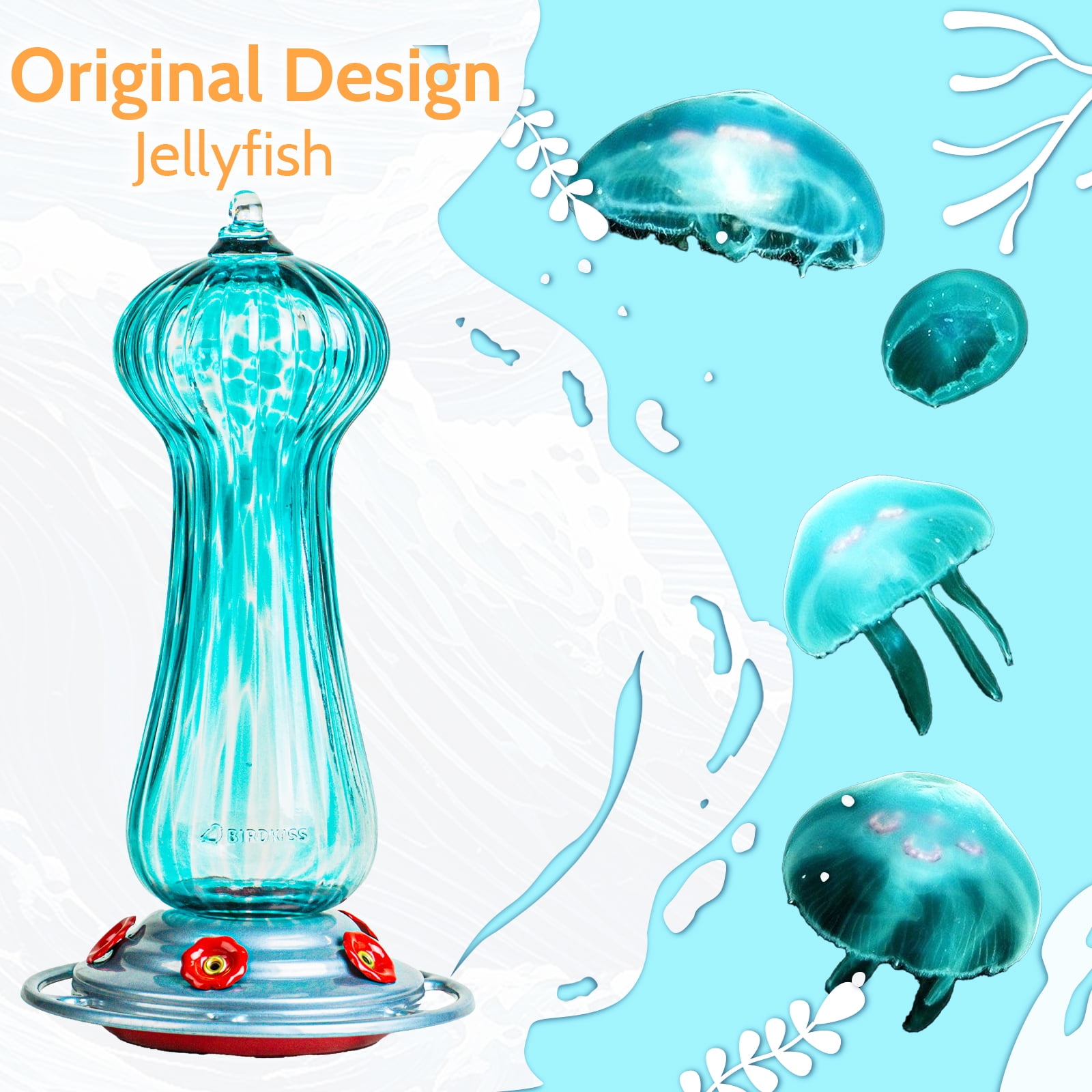 Birdkiss 28 oz Hand Blown Glass Hummingbird Feeders with Ant Moat Hook, Garden Backyard Patio Decor
