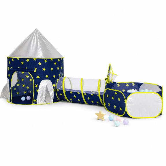 SweHouse 3pc Spaceship Kids Play Tent for 3-6 Years Toddlers Toys with Baby Ball Pit & Tunnel Indoor Outdoor