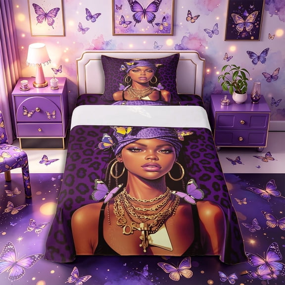 Castle Fairy Hippie Black Woman Twin Sheets 3pcs,Leopard Butterfly Print Bedding,Purple Black,1 Fitted Sheet, 1 Flat Sheet and 1 Pillowcase