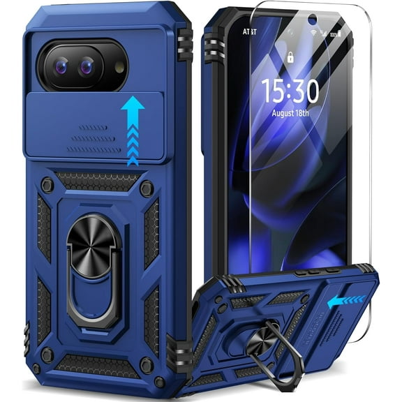 KOMI for Google Pixel 9a Case with Slide Camera Cover HD Screen Protector [Military Grade 16ft. Drop Tested] Magnetic Ring Holder Kickstand Protective Phone Case for Google Pixel 9A 2025 (6.3 inch)