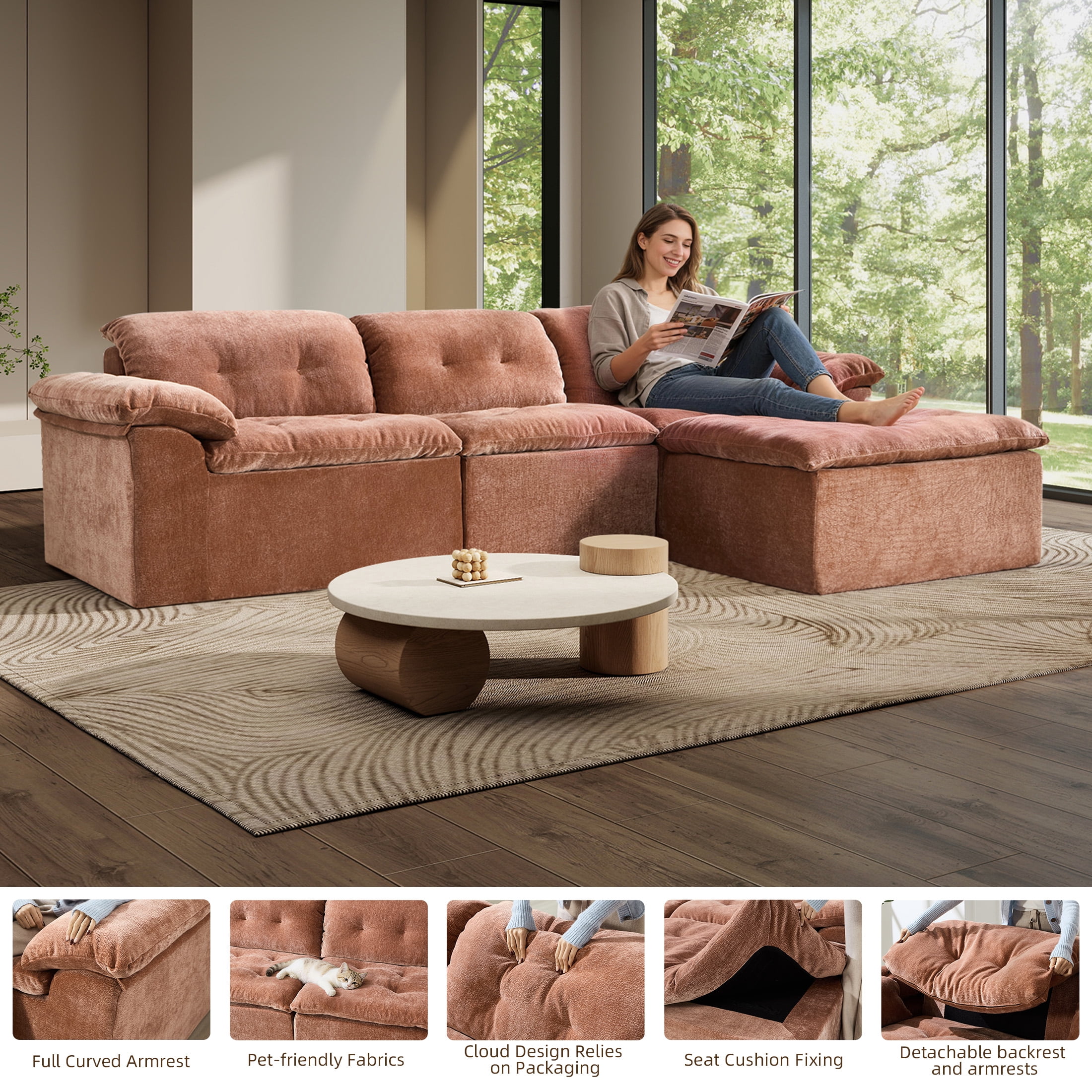 Aukfa 4-Piece L-Shaped Modular Sectional Sofa with Ottoman for Living Room, Ice Flower Chenille, Terracotta