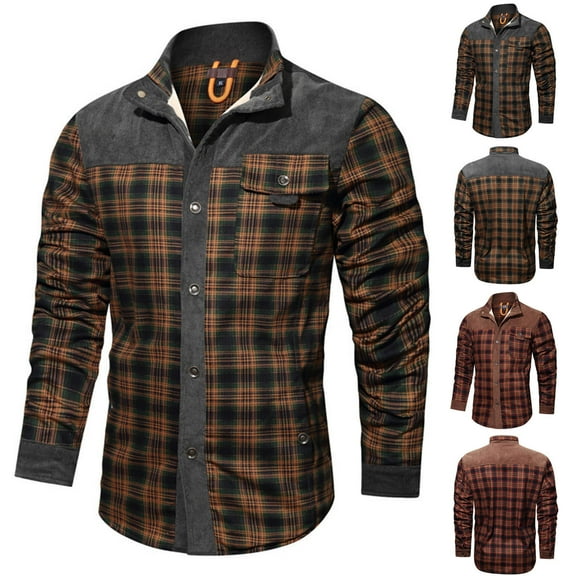Txeol Men's Plaid Corduroy Jacket Winter Thicken Warm Fleece Sherpa Lined Shirt Jackets Casual Button Down Shacket with Chest Pocket,Coffee,L