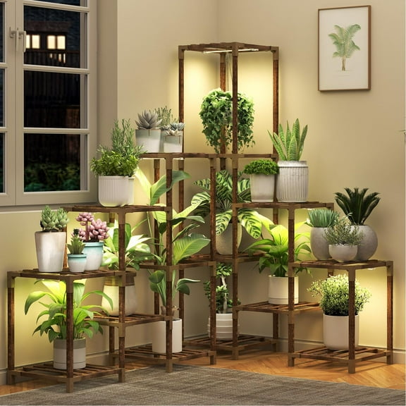 Large Corner Plant Stand with Grow Light, Plant Shelf Indoor Flower Stand for Living Room Patio Garden Home Decor