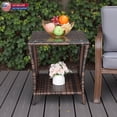 thumbnail image 3 of Hassch 2-Tier Rattan Side Table in Brown, Sturdy Iron Frame with Clear Tempered Glass Top, All-Weather Accent Table for Patio/Deck/Bedroom/Office/Living Room, 3 of 8