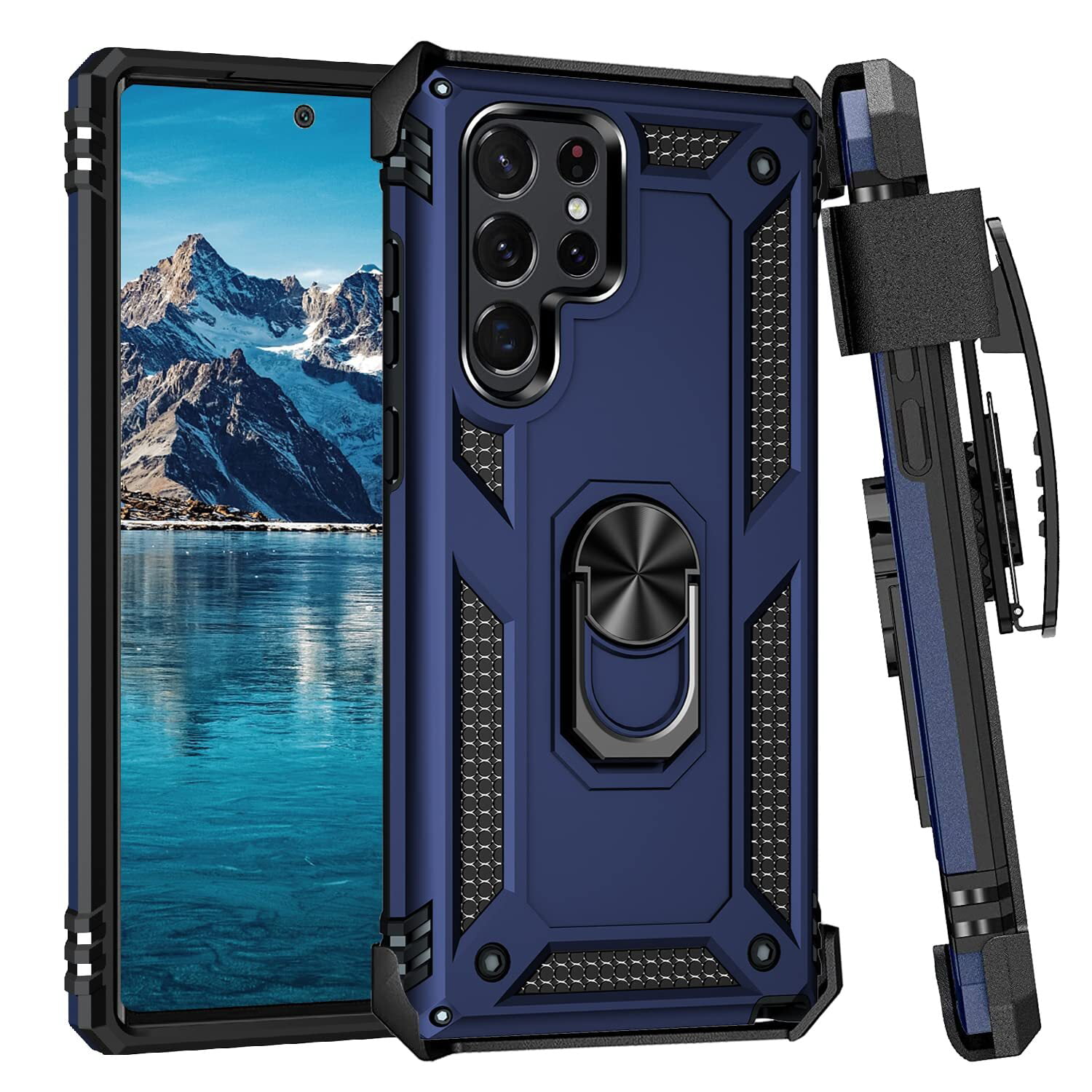 Case for Samsung Galaxy S21 Ultra with Belt Clip,Military Grade Drop Full-Body Protection Cover Blue 360 Degree Rotating Kickstand case for Galaxy S21 Ultra Belt Clip Holster&Magnetic Ring Holder 