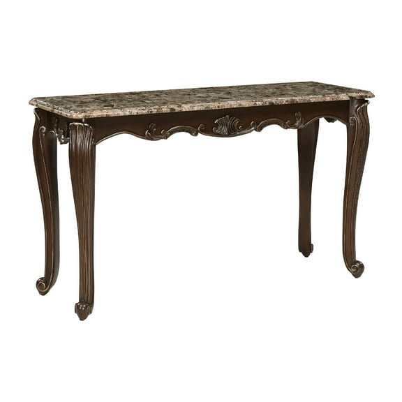 Hesar Sofa Console Table- 53 Inch Marble- Cherry Brown Wood- Cabriole