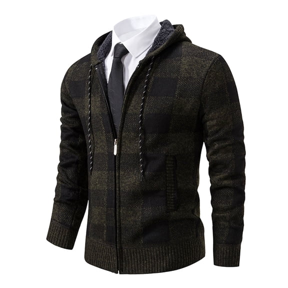 ZVNAΖH Zippered Hoodies for Men Fleece Hoodie Men Full Zip, Mens Plaid Cardigan Sweater, Long Sleeve Hooded Sweater Coat