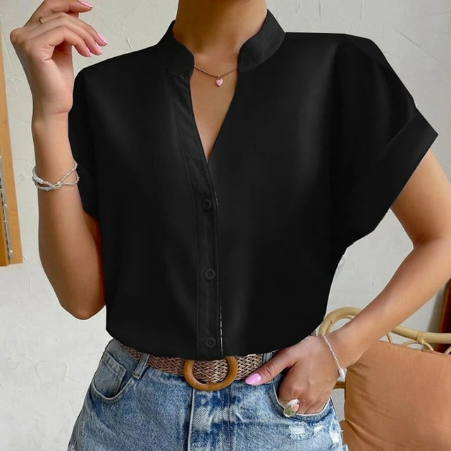 Hauts d'Été pour Femmes Grande Taille, Hauts d'Été pour Femmes, Hauts de Couleur Unie, T-Shirts à Col en V avec Boutons, Blouse à Col en V, T-Shirt pour Femmes en Liquidation