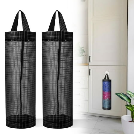 Kitchen Plastic Bag Holder, TSV 2Pcs Hanging Storage Bag Dispenser, Foldable Mesh Grocery Bag Organizer, Recycling Bag Holders, Black