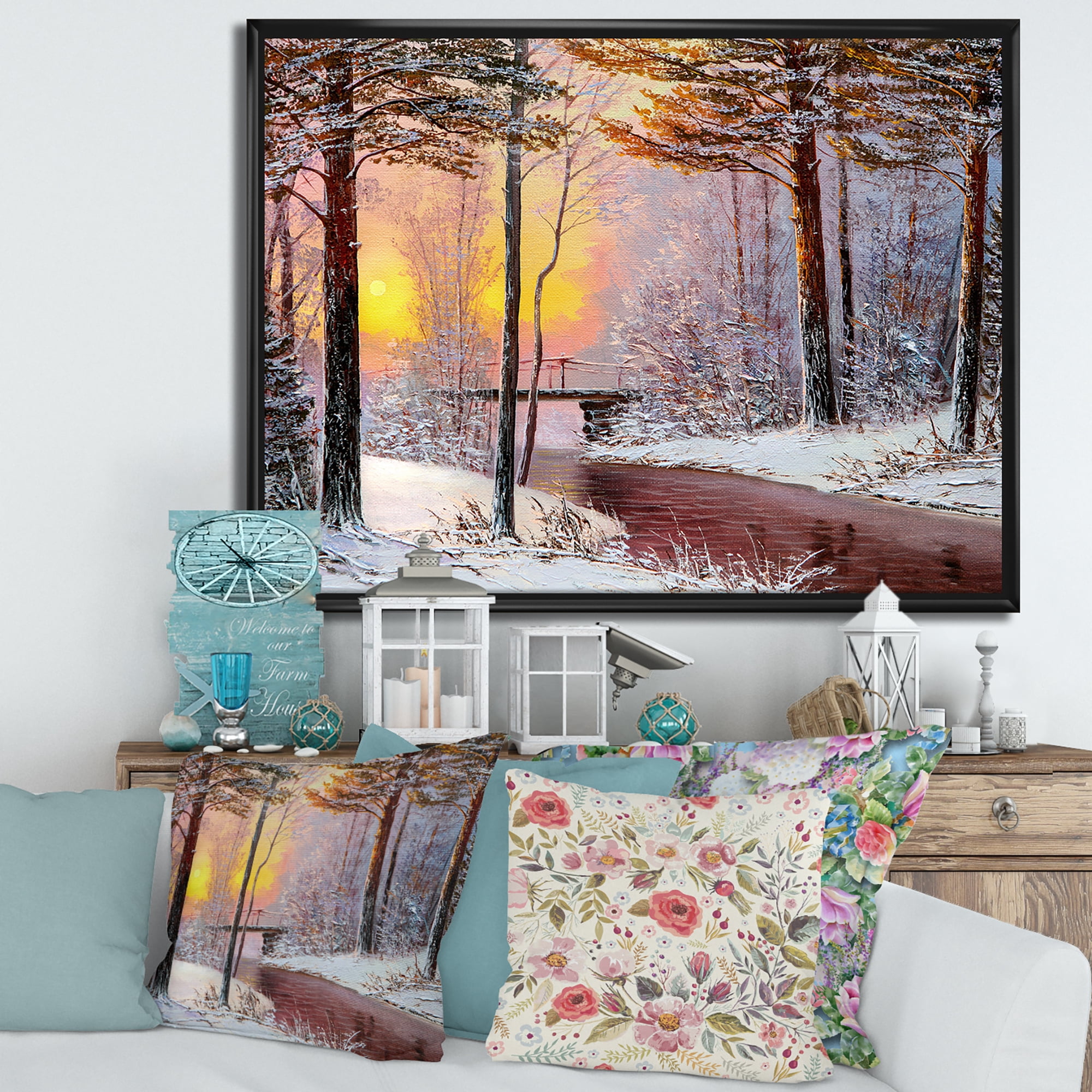 Designart 'Christmas Forest With Trees and River IV' Traditional Framed Canvas Wall Art Print