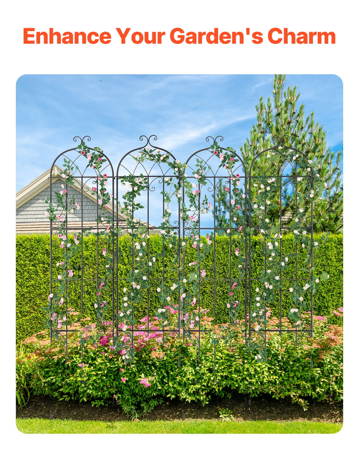 KFFKFF Garden Trellis for Climbing Plants, 87 x 20 in, Set of 4 Rust-Resistant Metal Trellises, Outdoor Plant Support for Roses, Cucumbers, and Clematis, Decorative Design for Gardens and Lawns