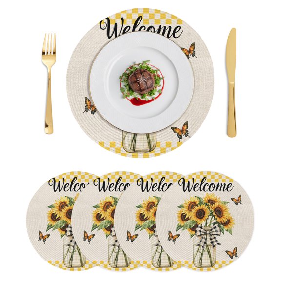 Round Placemats Farmhouse Sunflower 15 inch Set of 4 Table Mats for Dining Table Yellow Plaid Butterfly Heat Resistant Non-Slip Kitchen & Home Decorative Place Mat Set