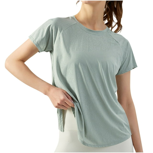 Timegard Hauts Athlétiques pour Femmes Col Rond Manches Courtes Fente Latérale T-Shirts d'Entraînement Course Été Décontracté