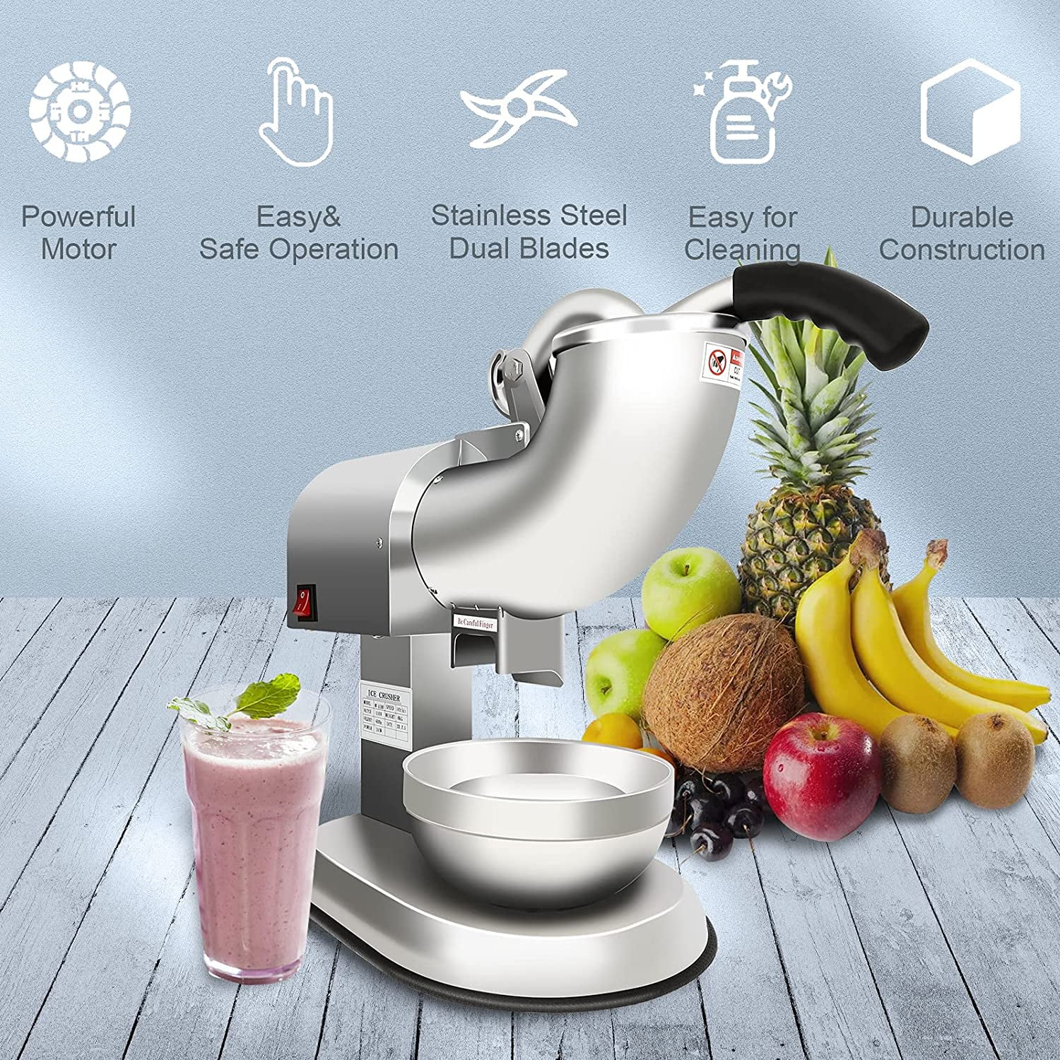 Electric Ice Crushers Machine Ice Snow Cone Maker Professional Double Blades Stainless Steel Ice Shaver Machine for Home Commercial Use (Silver)