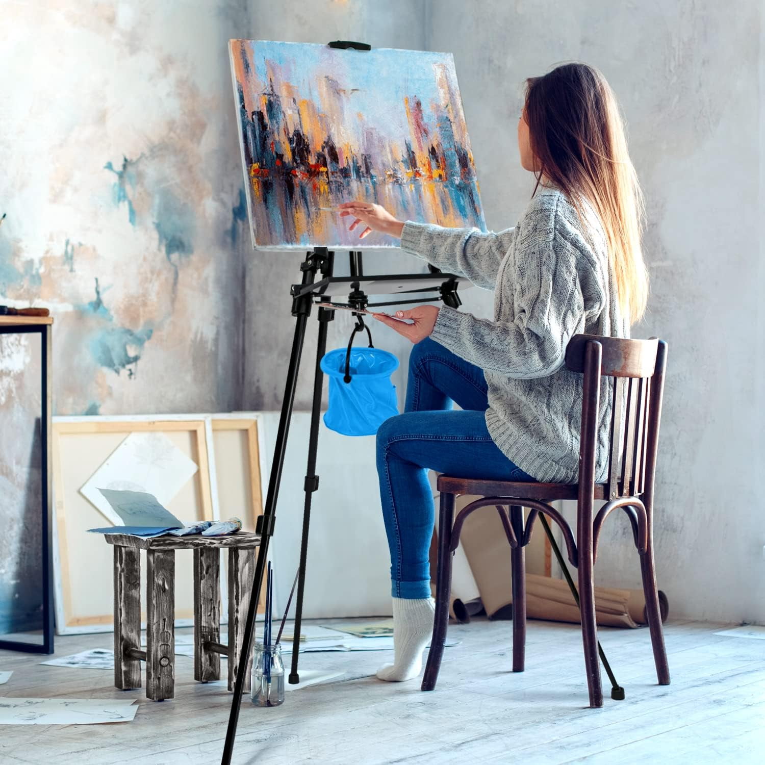 Easel Stand, 20" to 61" Adjustable Artist Easel for Adults, Aluminum Tripod Canvas Stand with Tray, Portable Painting Easel for Tabletop & Floor Displaying, Black