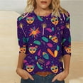 thumbnail image 6 of Mceream 3/4 Sleeve Mardi Gras Shirts Womens Holiday Tunic Tops Fashion Graphic Mask Carnival Themed Party Tshirts Casual Crewneck Blouses Clothes plus size outfit Purple XXXXXL, 6 of 6