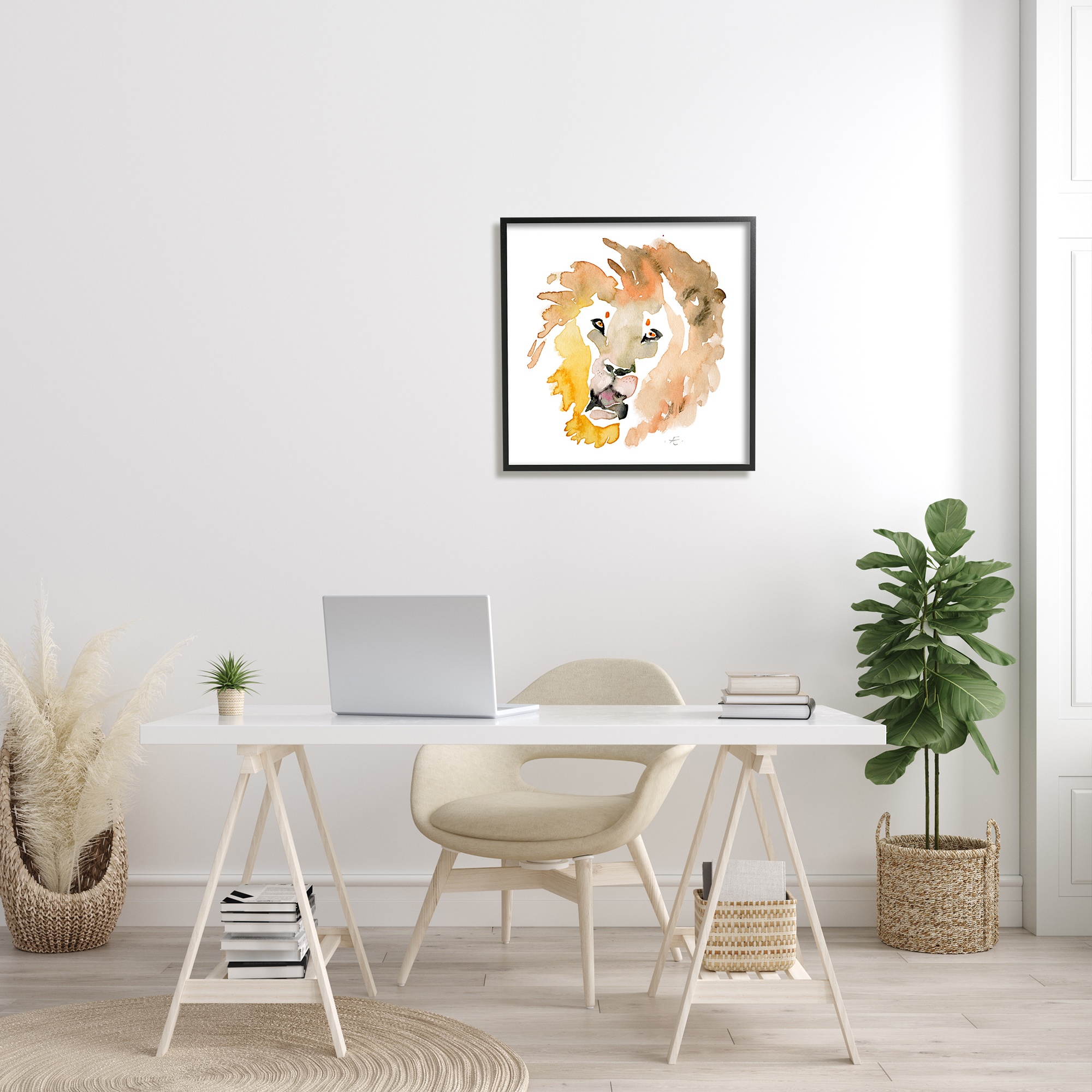 Stupell Industries Lion's Mane Sun Portrait Minimal Safari Animal Animals & Insects Painting Black Framed Art Print Wall Art, 24 x 24