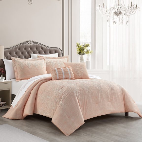 Hubli 5 Piece Comforter Set Embroidered Pattern Heathered Bedding