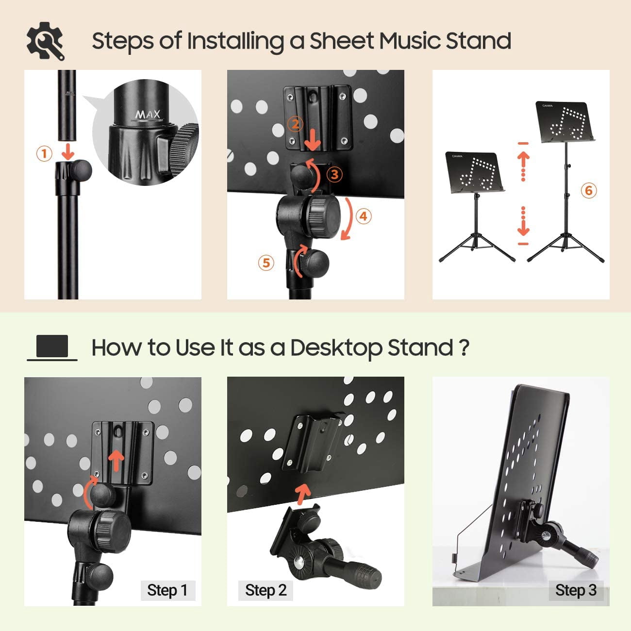 CAHAYA Portable sheet music stand: 3 in 1 Dual-use Sheet Music Stand & Desktop Book Stand Adjustable 31.4–55.9 in with Book Stand Support, Carrying Bag
